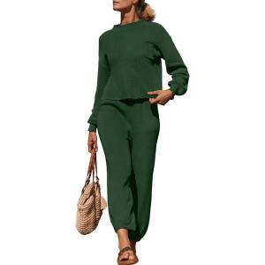 imageZESICA Womens 2 Piece Outfits Sweater Set Long Sleeve Mock Neck Knit Pullover Top High Waist Pant Tracksuit Lounge SetsForestgreen