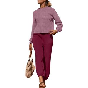 imageZESICA Womens 2 Piece Outfits Sweater Set Long Sleeve Mock Neck Knit Pullover Top High Waist Pant Tracksuit Lounge SetsPlum