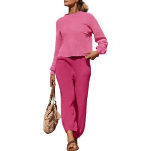 imageZESICA Womens 2 Piece Outfits Sweater Set Long Sleeve Mock Neck Knit Pullover Top High Waist Pant Tracksuit Lounge SetsRose