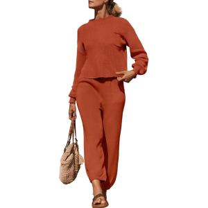 imageZESICA Womens 2 Piece Outfits Sweater Set Long Sleeve Mock Neck Knit Pullover Top High Waist Pant Tracksuit Lounge SetsRust