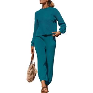 imageZESICA Womens 2 Piece Outfits Sweater Set Long Sleeve Mock Neck Knit Pullover Top High Waist Pant Tracksuit Lounge SetsTeal