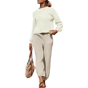imageZESICA Womens 2 Piece Outfits Sweater Set Long Sleeve Mock Neck Knit Pullover Top High Waist Pant Tracksuit Lounge SetsWhite