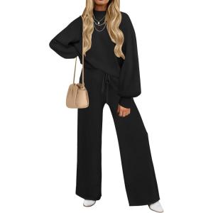 imageZESICA Womens 2 Piece Outfits Sweater Set Long Sleeve Mock Neck Knit Pullover and Wide Leg Pants Lounge Sweatsuit SetsBlack