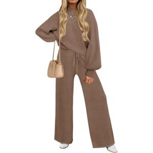 imageZESICA Womens 2 Piece Outfits Sweater Set Long Sleeve Mock Neck Knit Pullover and Wide Leg Pants Lounge Sweatsuit SetsCoffee