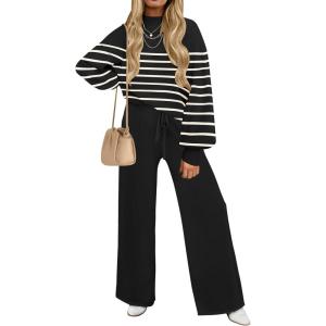 imageZESICA Womens 2 Piece Outfits Sweater Set Long Sleeve Mock Neck Knit Pullover and Wide Leg Pants Lounge Sweatsuit SetsDim