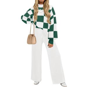 imageZESICA Womens 2 Piece Outfits Sweater Set Long Sleeve Mock Neck Knit Pullover and Wide Leg Pants Lounge Sweatsuit SetsGreenplaid