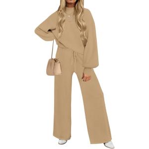 imageZESICA Womens 2 Piece Outfits Sweater Set Long Sleeve Mock Neck Knit Pullover and Wide Leg Pants Lounge Sweatsuit SetsKhaki