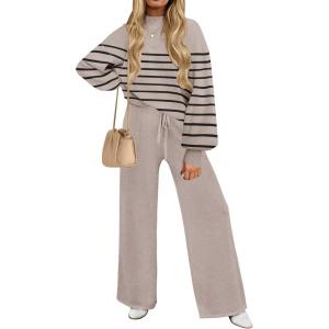 imageZESICA Womens 2 Piece Outfits Sweater Set Long Sleeve Mock Neck Knit Pullover and Wide Leg Pants Lounge Sweatsuit SetsSand