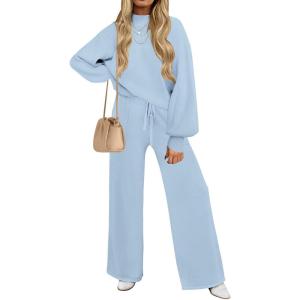 imageZESICA Womens 2 Piece Outfits Sweater Set Long Sleeve Mock Neck Knit Pullover and Wide Leg Pants Lounge Sweatsuit SetsSky