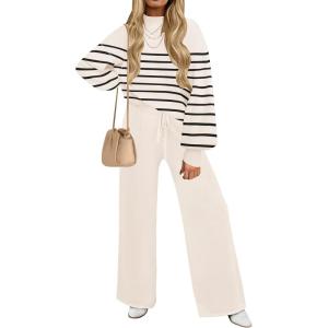 imageZESICA Womens 2 Piece Outfits Sweater Set Long Sleeve Mock Neck Knit Pullover and Wide Leg Pants Lounge Sweatsuit SetsStriped Cream