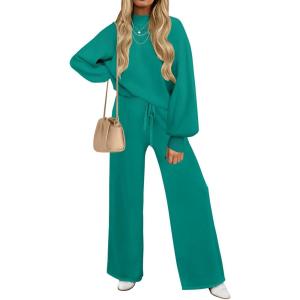 imageZESICA Womens 2 Piece Outfits Sweater Set Long Sleeve Mock Neck Knit Pullover and Wide Leg Pants Lounge Sweatsuit SetsTealgreen