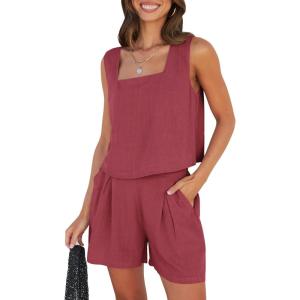 imageZESICA Womens 2024 2 Piece Set Linen Tank Crop Tops and Shorts Summer Two Piece Outfits PajamasFuchsia