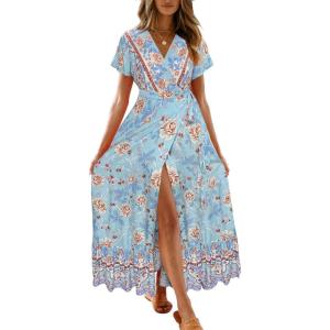 imageZESICA Womens 2024 Bohemian Floral Printed Wrap V Neck Short Sleeve Split Beach Party Maxi DressSkyblue