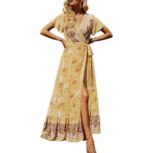 imageZESICA Womens 2024 Bohemian Floral Printed Wrap V Neck Short Sleeve Split Beach Party Maxi DressYellow