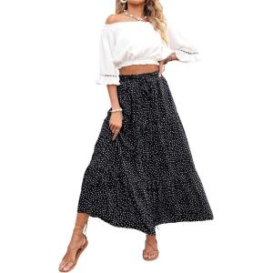 imageZESICA Womens 2024 Summer Bohemian Floral Printed Elastic Waist A Line Maxi Skirt with PocketsBlack