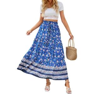 imageZESICA Womens 2024 Summer Bohemian Floral Printed Elastic Waist A Line Maxi Skirt with PocketsBlue