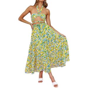 imageZESICA Womens 2024 Summer Bohemian Floral Printed Elastic Waist A Line Maxi Skirt with PocketsChartreuse