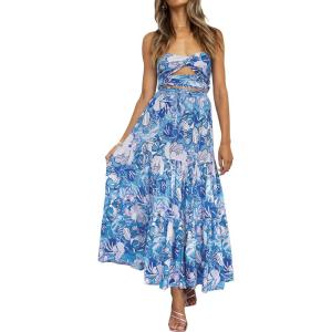 imageZESICA Womens 2024 Summer Bohemian Floral Printed Elastic Waist A Line Maxi Skirt with PocketsCobalt
