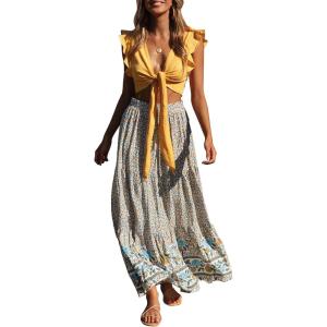 imageZESICA Womens 2024 Summer Bohemian Floral Printed Elastic Waist A Line Maxi Skirt with PocketsCream