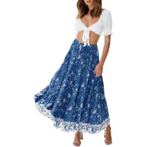 imageZESICA Womens 2024 Summer Bohemian Floral Printed Elastic Waist A Line Maxi Skirt with PocketsDarkblue