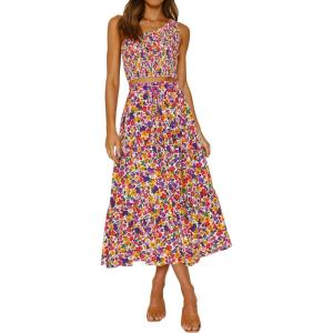 imageZESICA Womens 2024 Summer Bohemian Floral Printed Elastic Waist A Line Maxi Skirt with PocketsDarkpurple