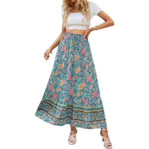 imageZESICA Womens 2024 Summer Bohemian Floral Printed Elastic Waist A Line Maxi Skirt with PocketsFloral Green