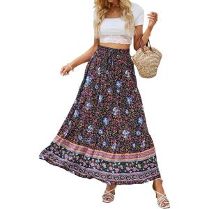 imageZESICA Womens 2024 Summer Bohemian Floral Printed Elastic Waist A Line Maxi Skirt with PocketsFloral Navy