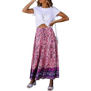 imageZESICA Womens 2024 Summer Bohemian Floral Printed Elastic Waist A Line Maxi Skirt with PocketsFloral Purple