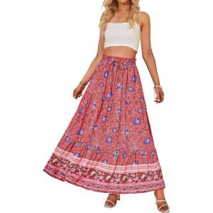 imageZESICA Womens 2024 Summer Bohemian Floral Printed Elastic Waist A Line Maxi Skirt with PocketsFloral Red