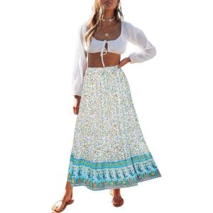 imageZESICA Womens 2024 Summer Bohemian Floral Printed Elastic Waist A Line Maxi Skirt with PocketsLake Blue