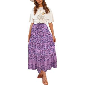 imageZESICA Womens 2024 Summer Bohemian Floral Printed Elastic Waist A Line Maxi Skirt with PocketsLightpurple
