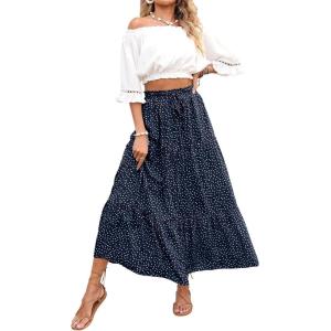 imageZESICA Womens 2024 Summer Bohemian Floral Printed Elastic Waist A Line Maxi Skirt with PocketsNavyblue