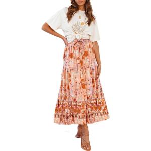 imageZESICA Womens 2024 Summer Bohemian Floral Printed Elastic Waist A Line Maxi Skirt with PocketsPeach