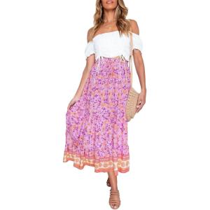 imageZESICA Womens 2024 Summer Bohemian Floral Printed Elastic Waist A Line Maxi Skirt with PocketsPinkpurple