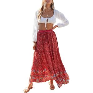 imageZESICA Womens 2024 Summer Bohemian Floral Printed Elastic Waist A Line Maxi Skirt with PocketsRed2