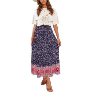 imageZESICA Womens 2024 Summer Bohemian Floral Printed Elastic Waist A Line Maxi Skirt with PocketsRoyalblue