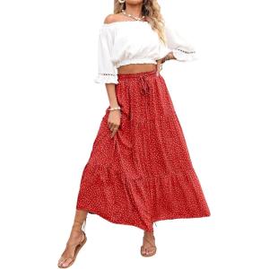 imageZESICA Womens 2024 Summer Bohemian Floral Printed Elastic Waist A Line Maxi Skirt with PocketsTomato