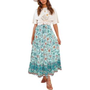 imageZESICA Womens 2024 Summer Bohemian Floral Printed Elastic Waist A Line Maxi Skirt with PocketsTurquoise