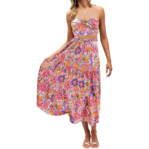 imageZESICA Womens 2024 Summer Bohemian Floral Printed Elastic Waist A Line Maxi Skirt with PocketsViolet