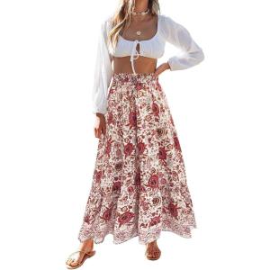 imageZESICA Womens 2024 Summer Bohemian Floral Printed Elastic Waist A Line Maxi Skirt with PocketsWhite