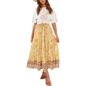 imageZESICA Womens 2024 Summer Bohemian Floral Printed Elastic Waist A Line Maxi Skirt with PocketsYellow
