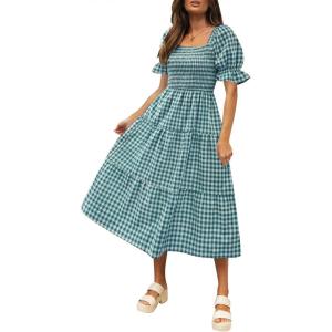 imageZESICA Womens 2025 Bohemian Summer Plaid Square Neck Puff Sleeve Ruffle Flowy Beach Midi DressTeal