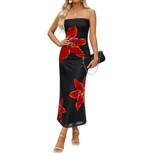 imageZESICA Womens Boho Floral Strapless Maxi Dress 2025 Summer Off Shoulder Bodycon Beach Party Long DressesBlack