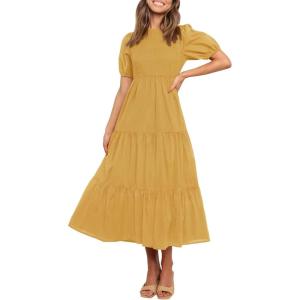 imageZESICA Womens Casual Summer Crew Neck Short Puff Sleeve Smocked High Waist Ruffle Tiered A Line Midi DressYellow