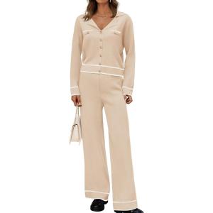 imageZESICA Womens Fall Knit Two Piece Outfits Casual Long Sleeve V Neck Sweater Shirts and Wide Leg Pants Matching Lounge SetsApricot