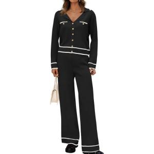 imageZESICA Womens Fall Knit Two Piece Outfits Casual Long Sleeve V Neck Sweater Shirts and Wide Leg Pants Matching Lounge SetsBlack