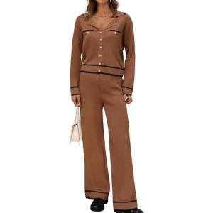 imageZESICA Womens Fall Knit Two Piece Outfits Casual Long Sleeve V Neck Sweater Shirts and Wide Leg Pants Matching Lounge SetsBrown