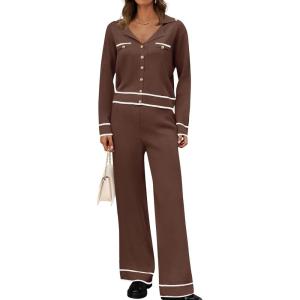 imageZESICA Womens Fall Knit Two Piece Outfits Casual Long Sleeve V Neck Sweater Shirts and Wide Leg Pants Matching Lounge SetsCoffee