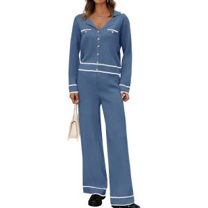 imageZESICA Womens Fall Knit Two Piece Outfits Casual Long Sleeve V Neck Sweater Shirts and Wide Leg Pants Matching Lounge SetsDusty Blue