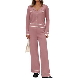imageZESICA Womens Fall Knit Two Piece Outfits Casual Long Sleeve V Neck Sweater Shirts and Wide Leg Pants Matching Lounge SetsDusty Pink